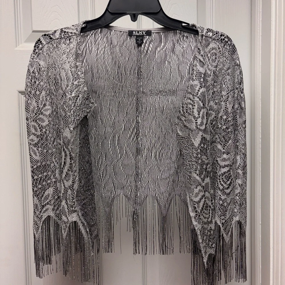 SLNY 2-Piece Metallic Lace Fringe Dress & Jacket Set – Silver (Size 18) - Picture 11 of 11